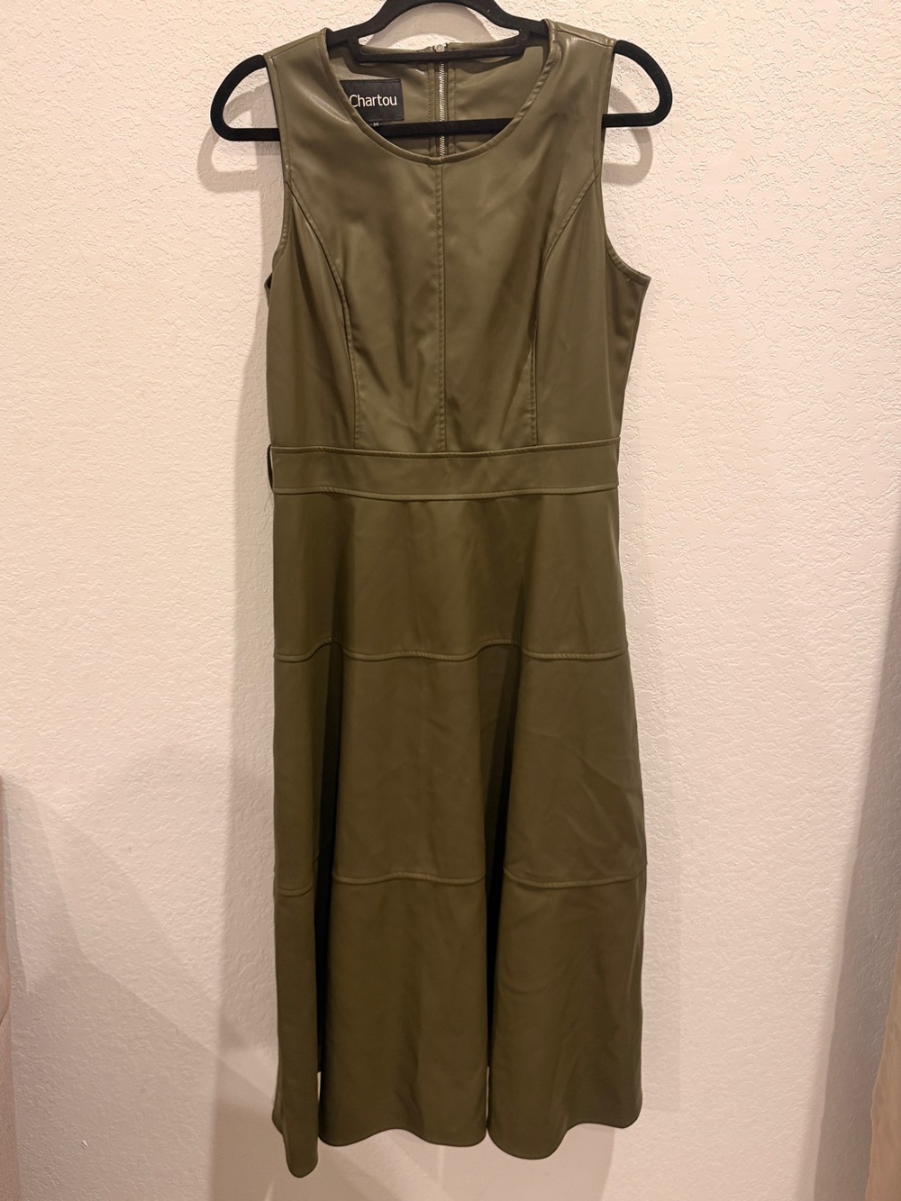 Chartou Olive Green Faux Leather Midi Dress